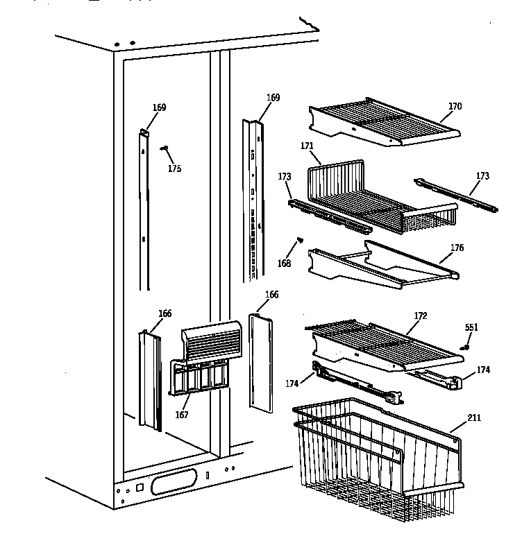 GE MSK28PFZDAA freezer shelves diagram