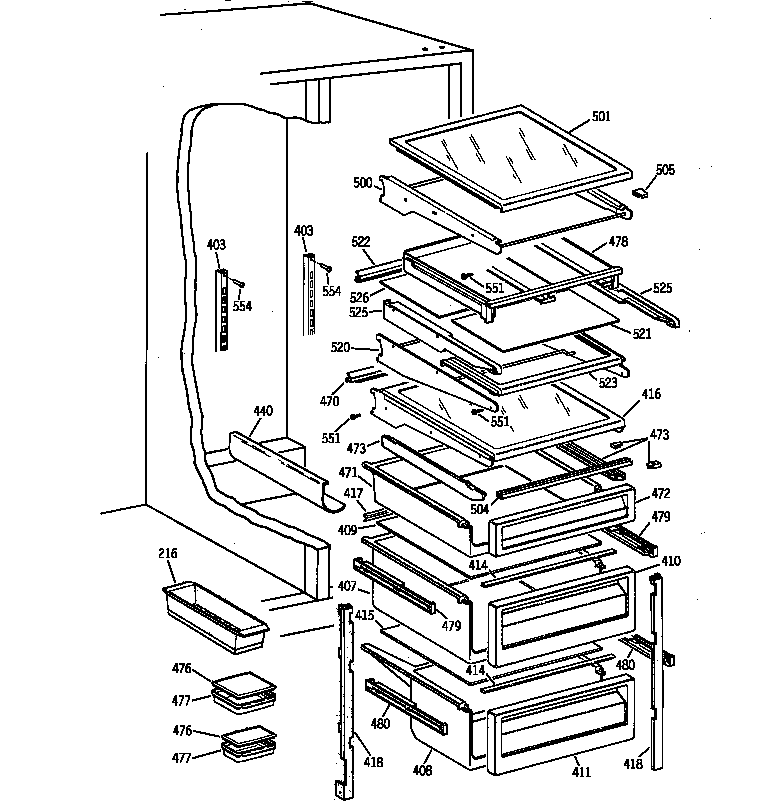 GE MSK28PFZDAA fresh food shelves diagram