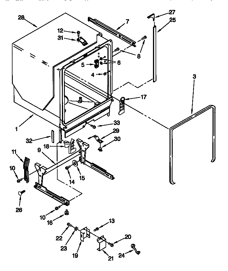 KitchenAid KUDI24SEBL3 tub and frame diagram