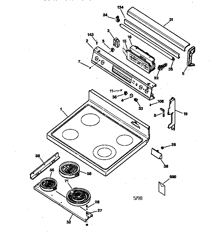 GE JB940WY3 control panel & cooktop diagram
