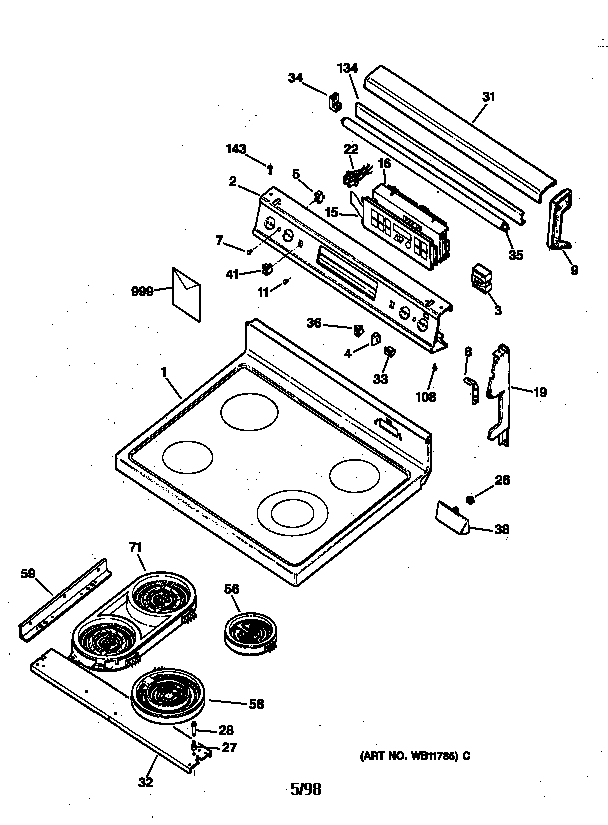 GE JB960WY3 control panel & cooktop diagram