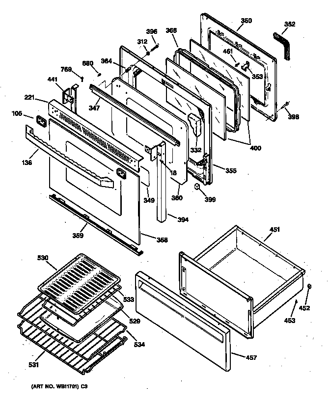 GE JB960WY3 door & drawer parts diagram