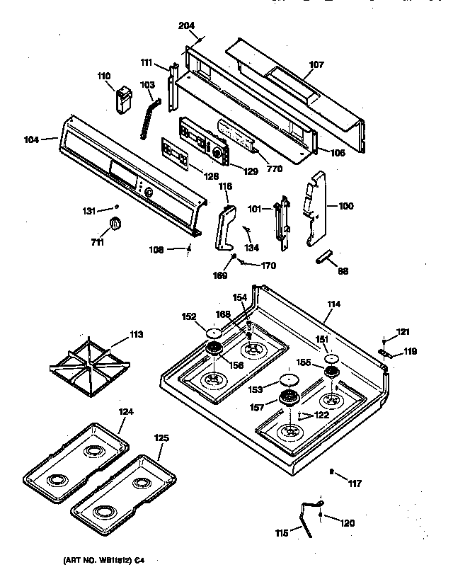 GE JGBP30DEA1WH control panel & cooktop diagram