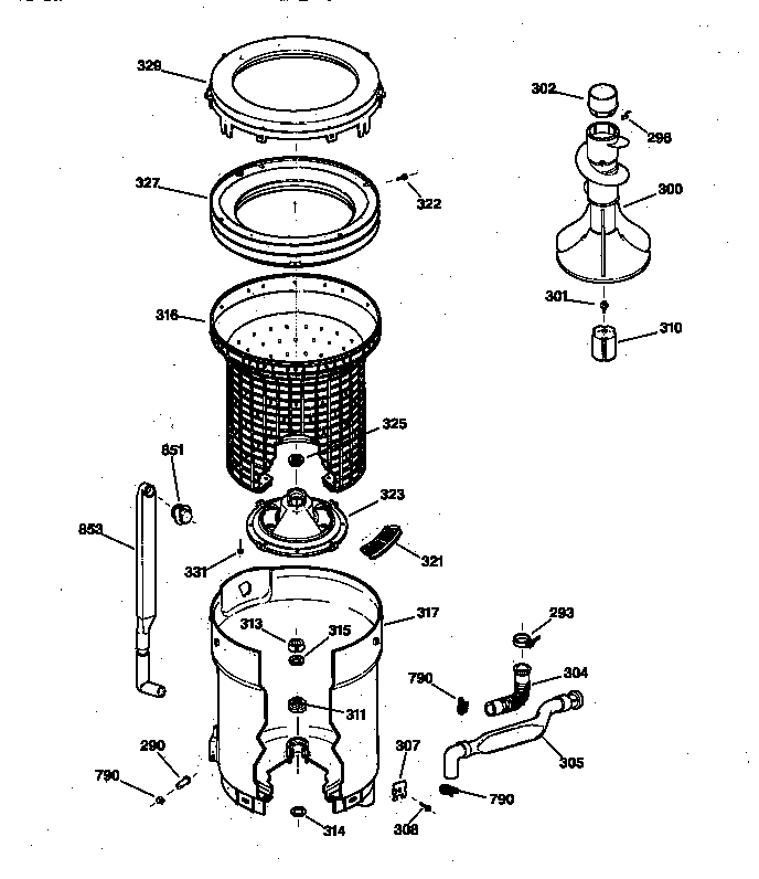 GE WCCB2050V1AC tub, basket & agitator diagram