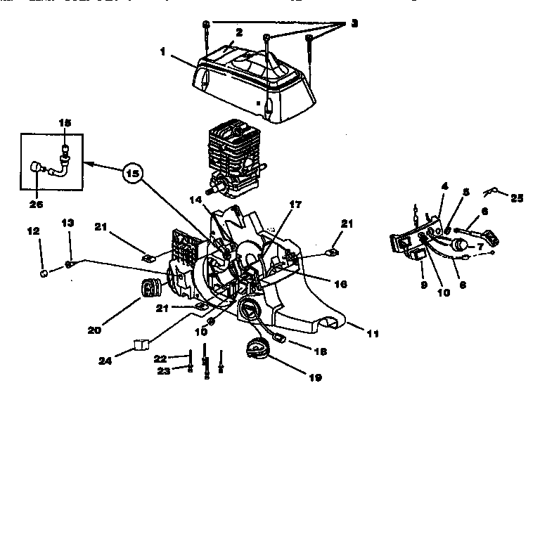 Homelite UT10773 engine housing, fuel tank, oil tank diagram