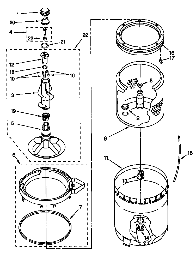 Whirlpool CAP2761EW0 agitator, basket and tub diagram