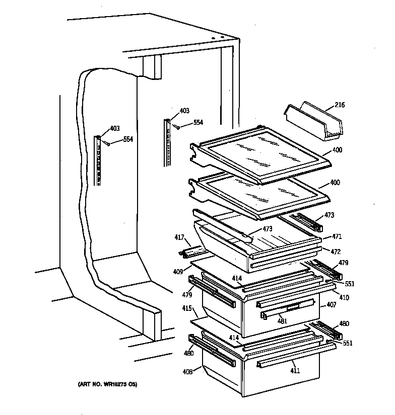 GE TFX25ARBAWW fresh food shelves diagram