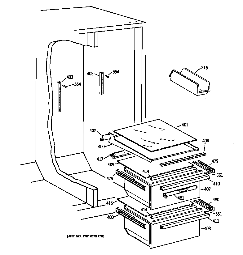 GE TFX25JRBAAA fresh food shelves diagram