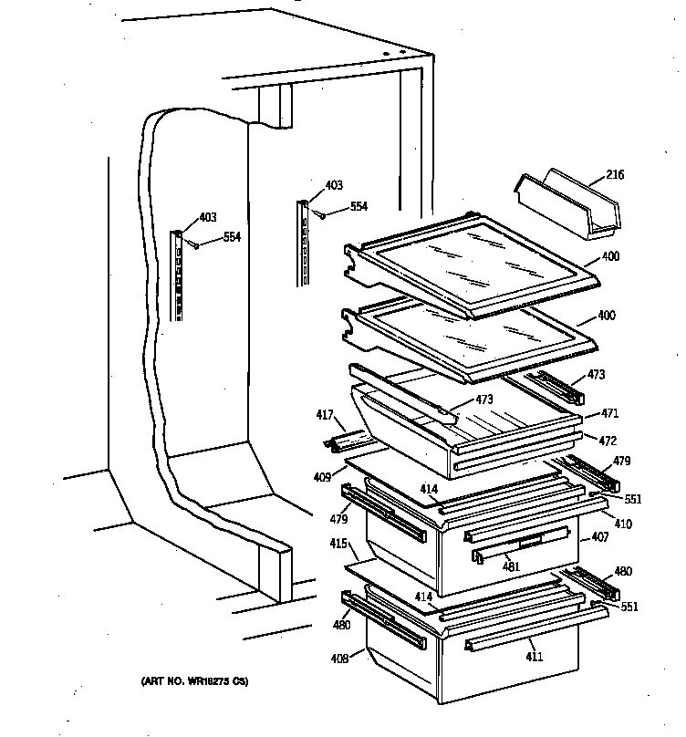 GE TFX22ZPBAAA fresh food shelves diagram