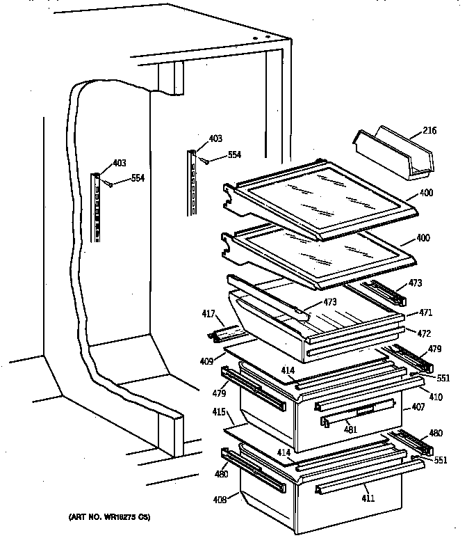 GE TFX22ZPBABB fresh food shelves diagram