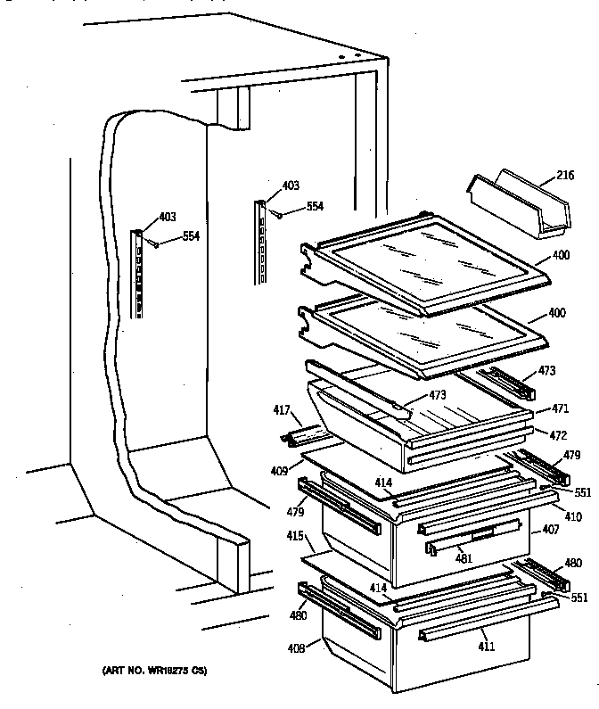 GE TFX25ZRBABB fresh food shelves diagram