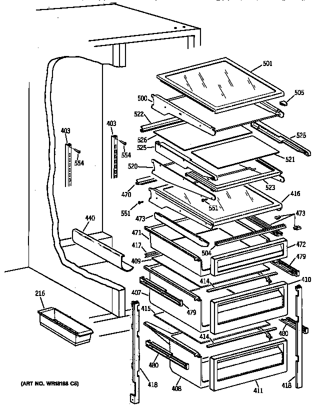 GE TFX25PPBABB fresh food shelves diagram