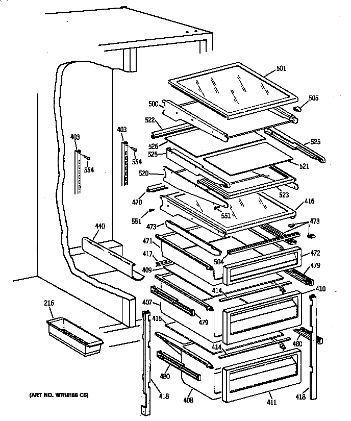 GE TFX25PPBAWW fresh food shelves diagram