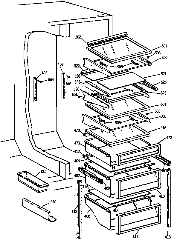 GE TPX21BRBABB fresh food shelves diagram