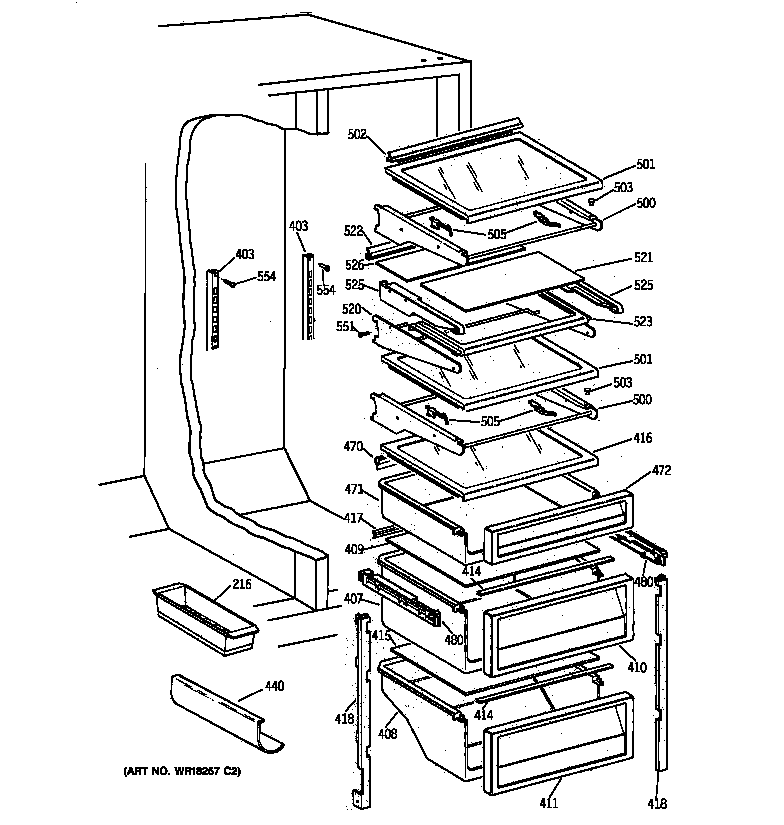 GE TPX21BRBAWW fresh food shelves diagram