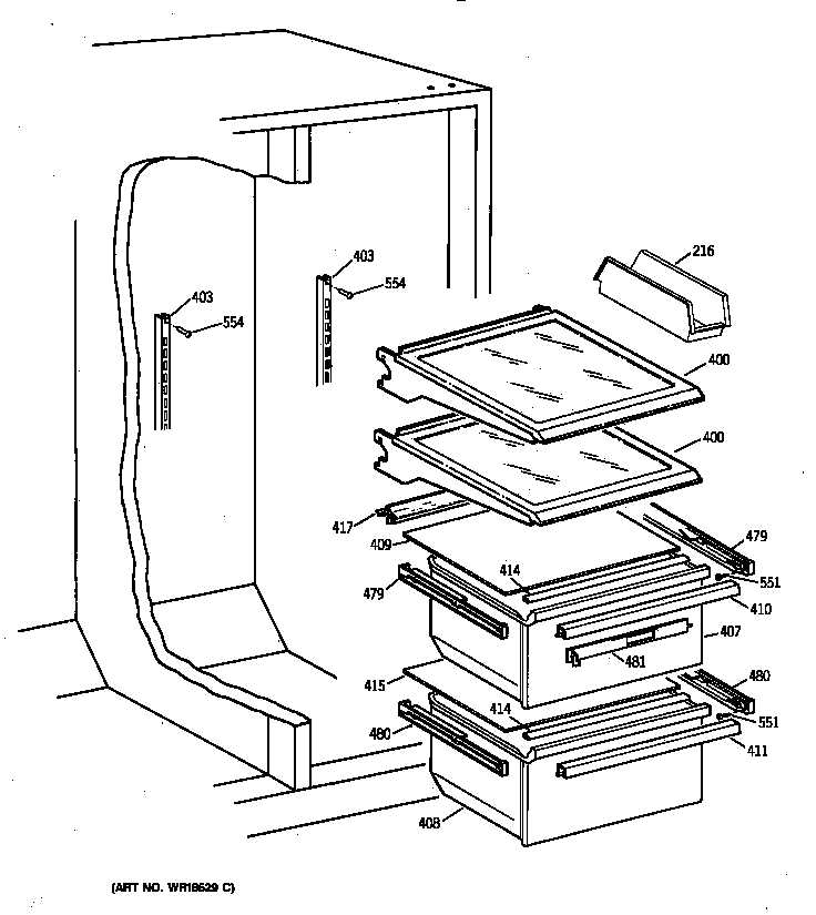 Hotpoint CSX25DPBAWW fresh food shelves diagram