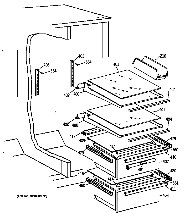 GE MSX25GRBAAA fresh food shelves diagram