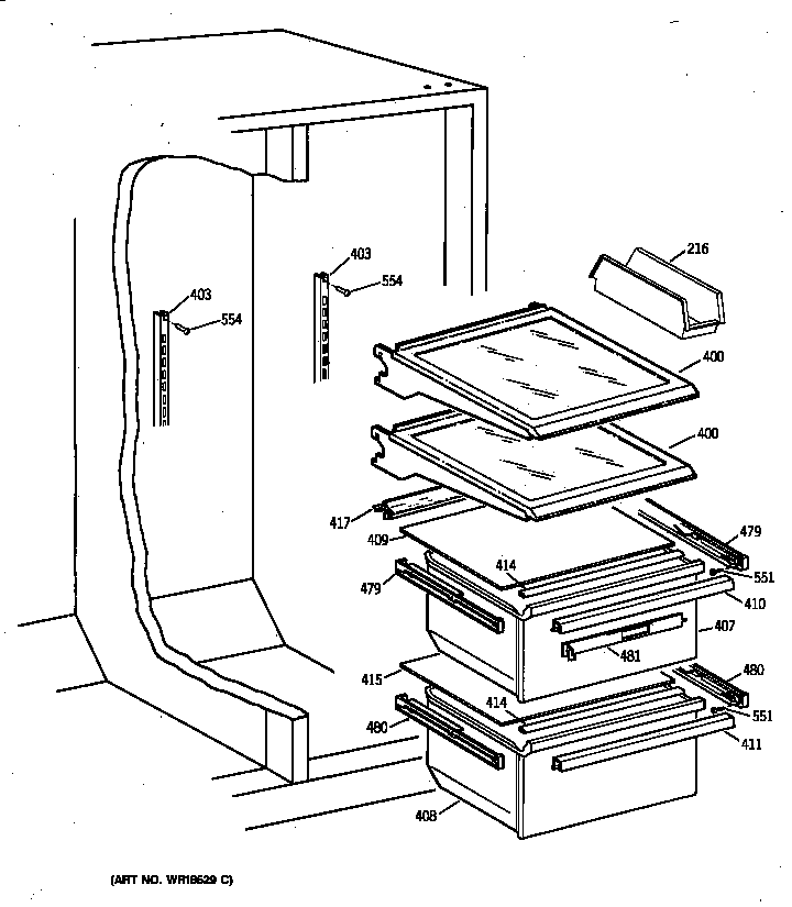 GE MSX25DPBAAA refrigerator shelving and drawers diagram