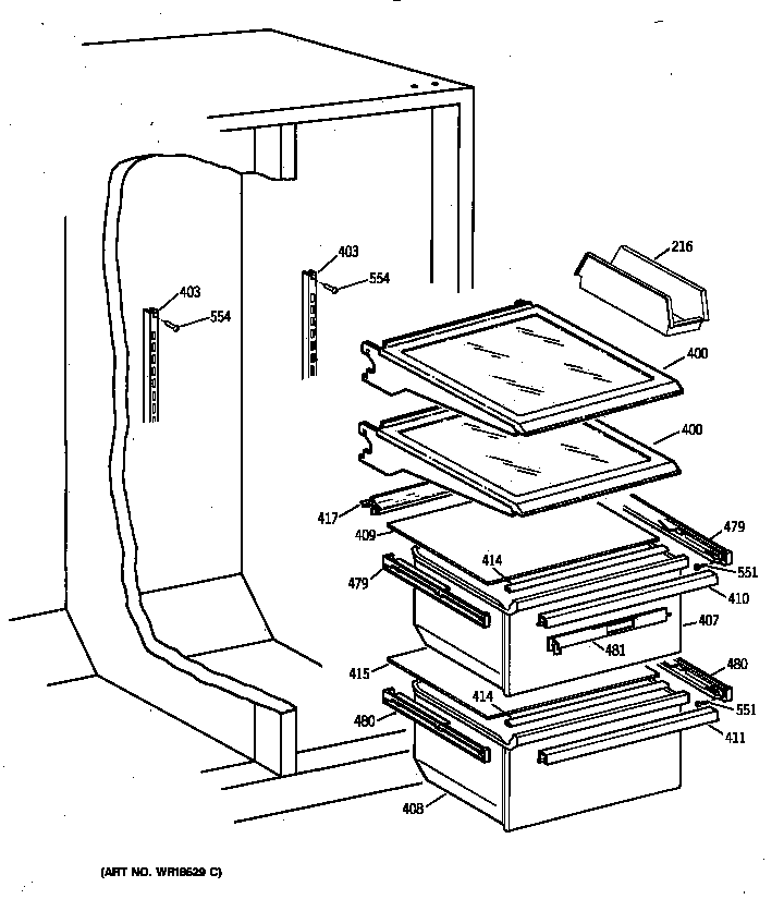 GE MSX25DPBAWW refrigerator shelving and drawers diagram