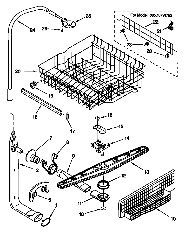Kenmore 66517791791 upper dishrack and water feed diagram