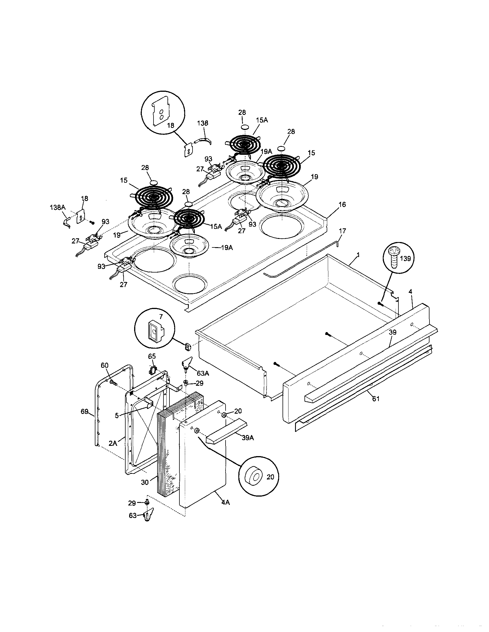 Frigidaire FFEF4015LWB top/drawer/small door diagram