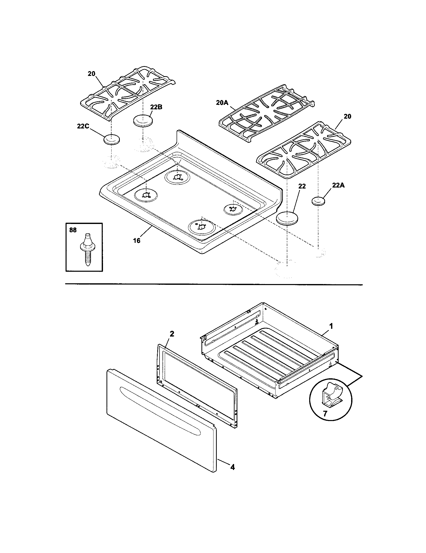 Frigidaire LFGF3027LBA top/drawer diagram