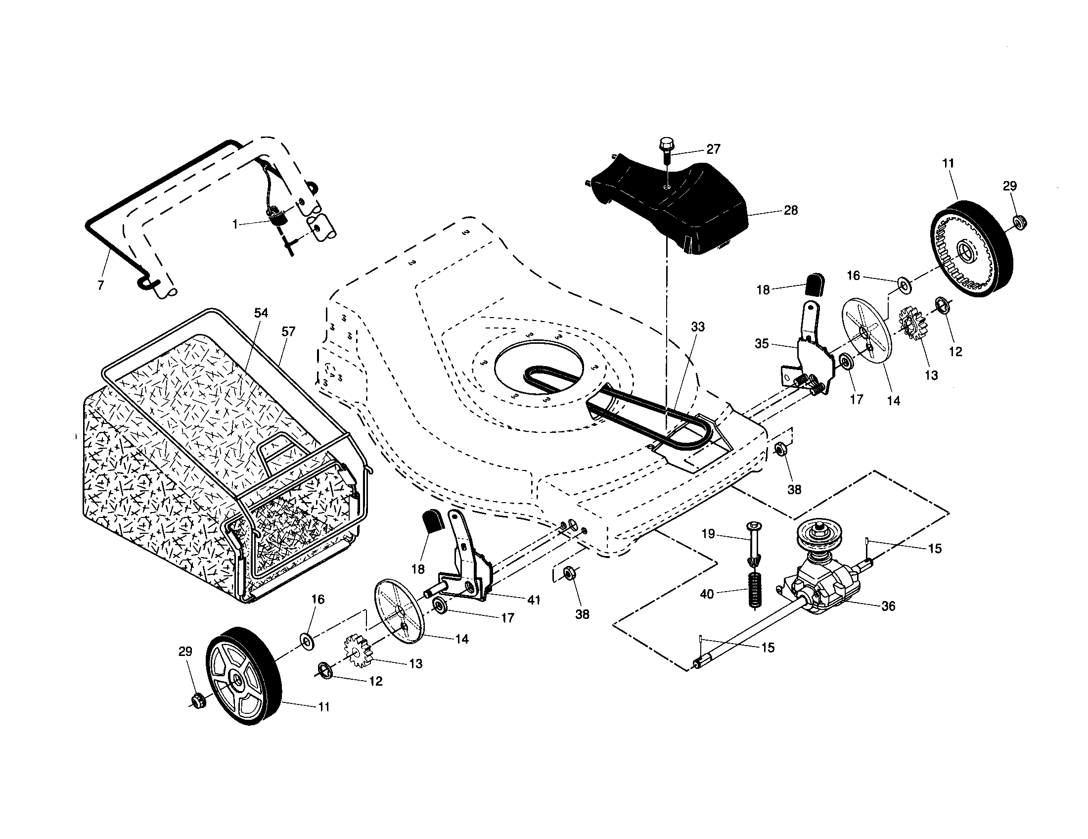 Poulan 96142008600 drive control/gear case/wheels diagram