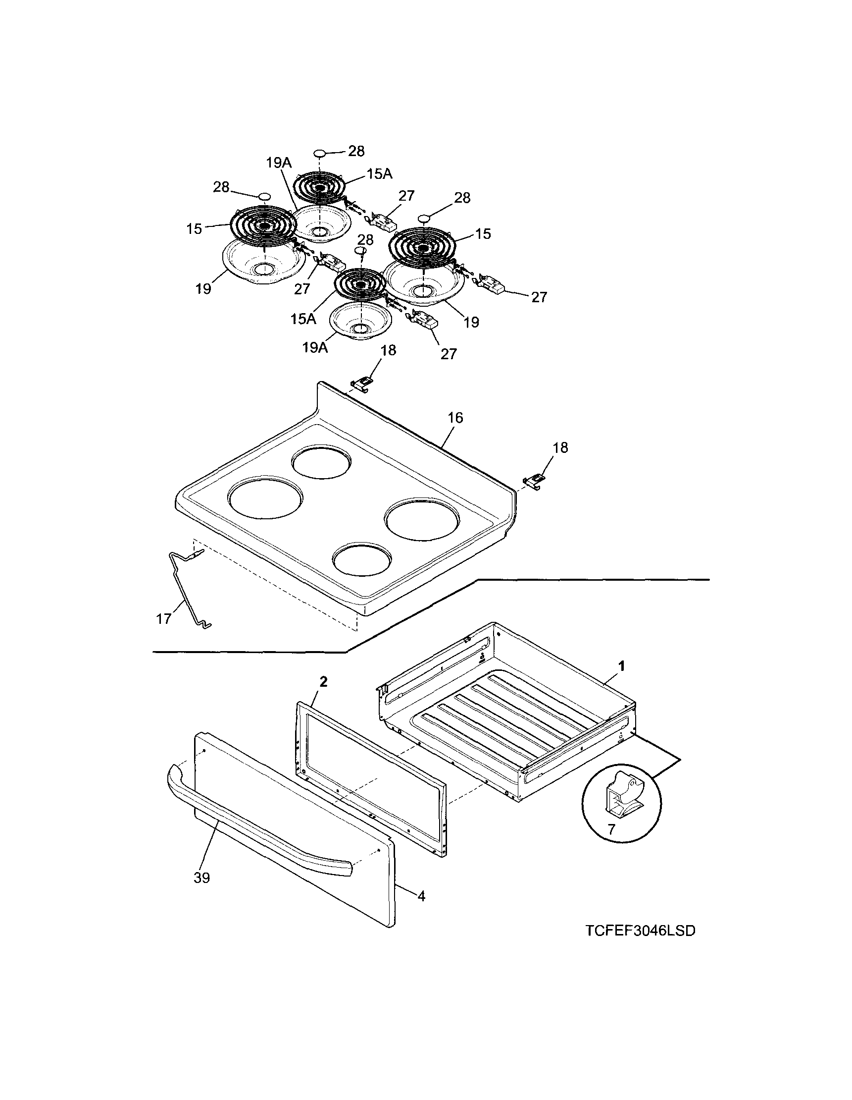 Frigidaire CFEF3046LSD top/drawer diagram