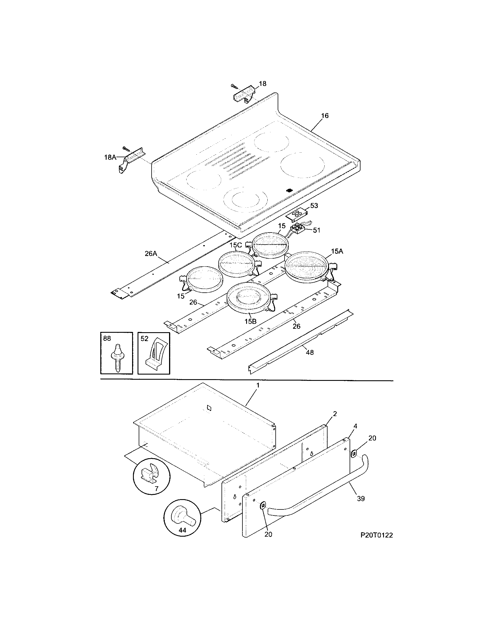 Frigidaire FEF387WJCB top/drawer diagram