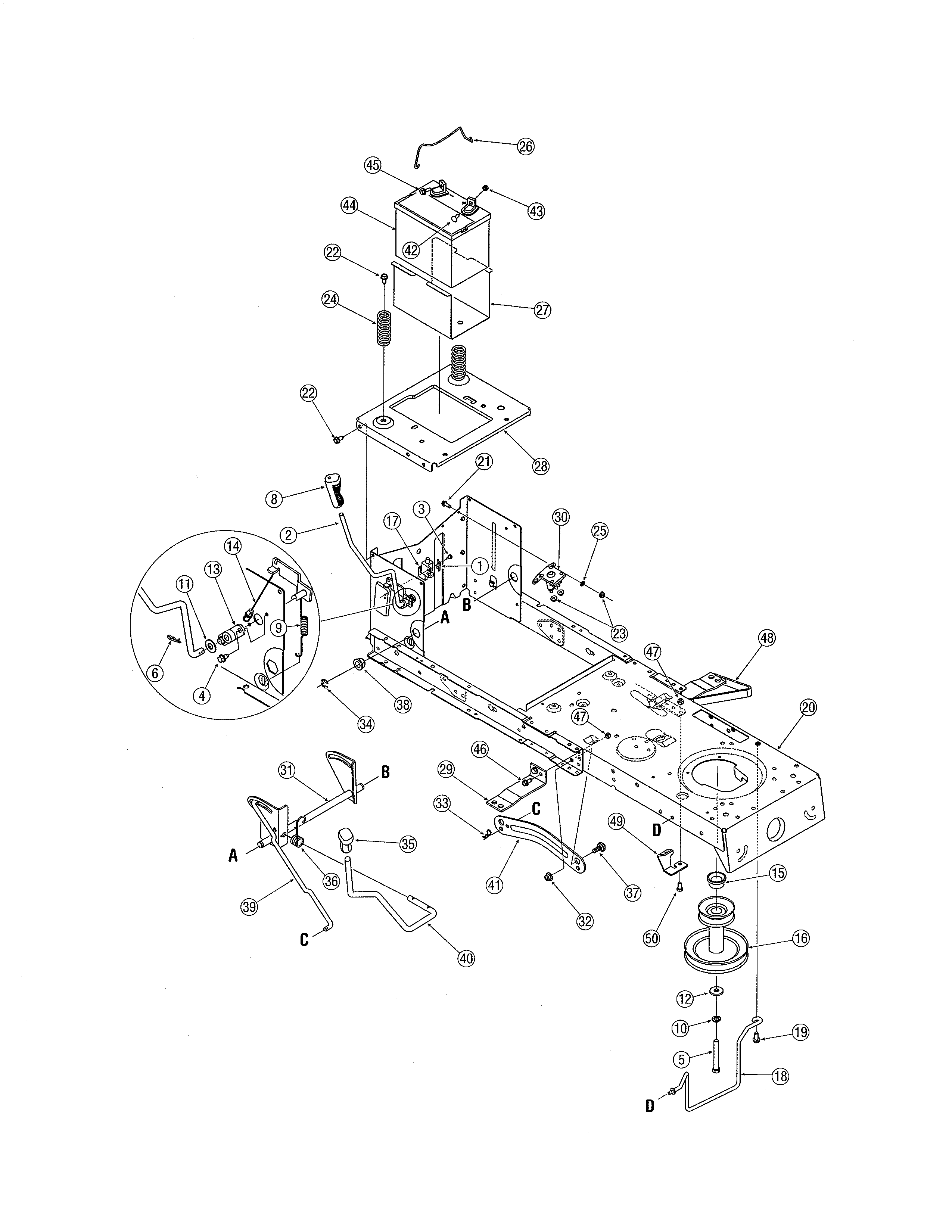 MTD 13AO791G718 frame/battery diagram