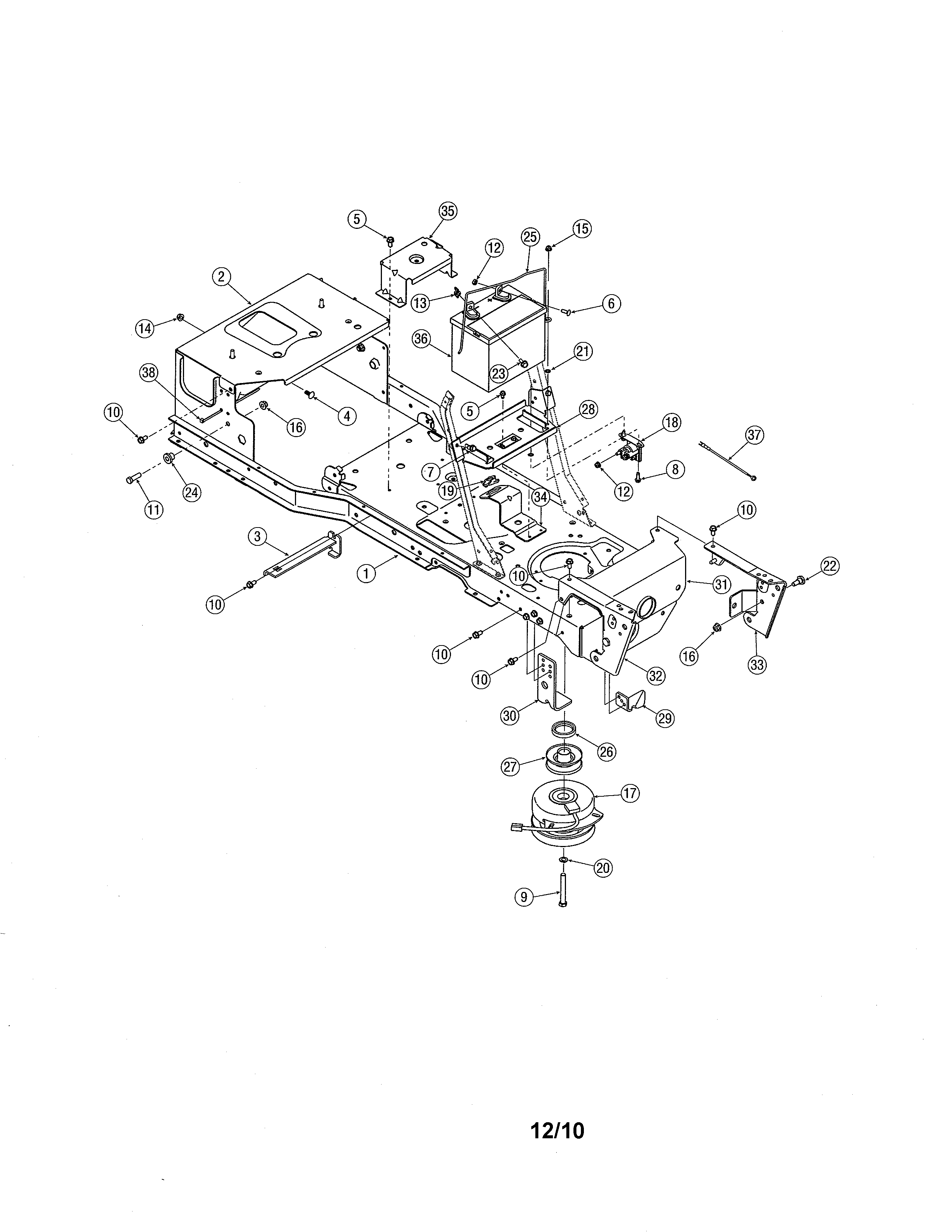 Cub Cadet 17AF9BKH756 frame/pto/battery diagram