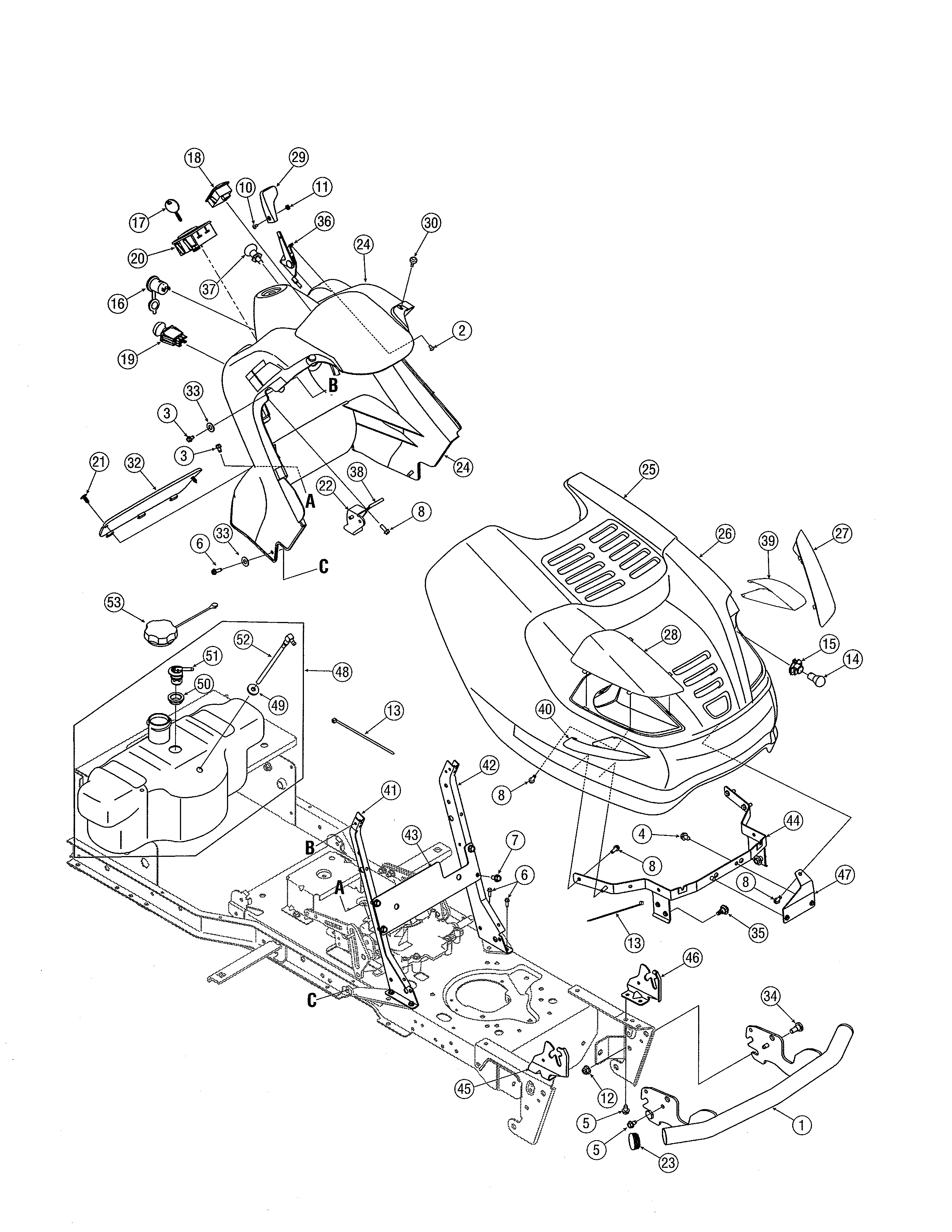 Cub Cadet 17AF9BKP756 hood/dash panel/fuel tank diagram