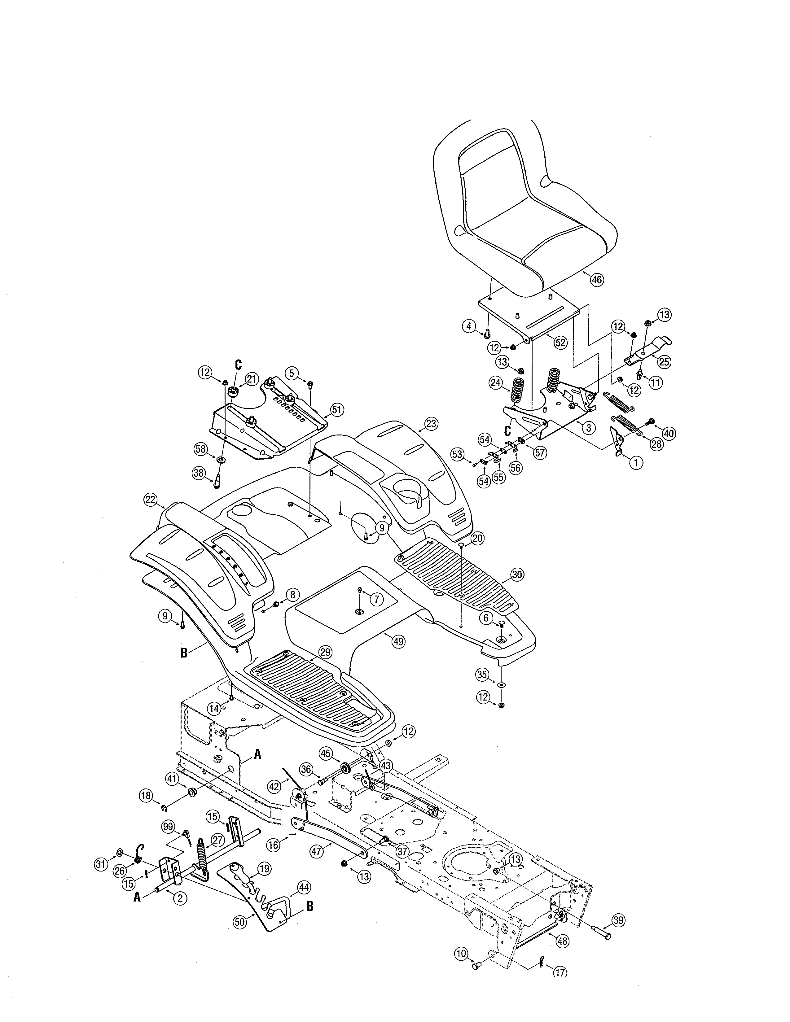 Cub Cadet 17AF9BKP756 seat/fender/deck lift diagram