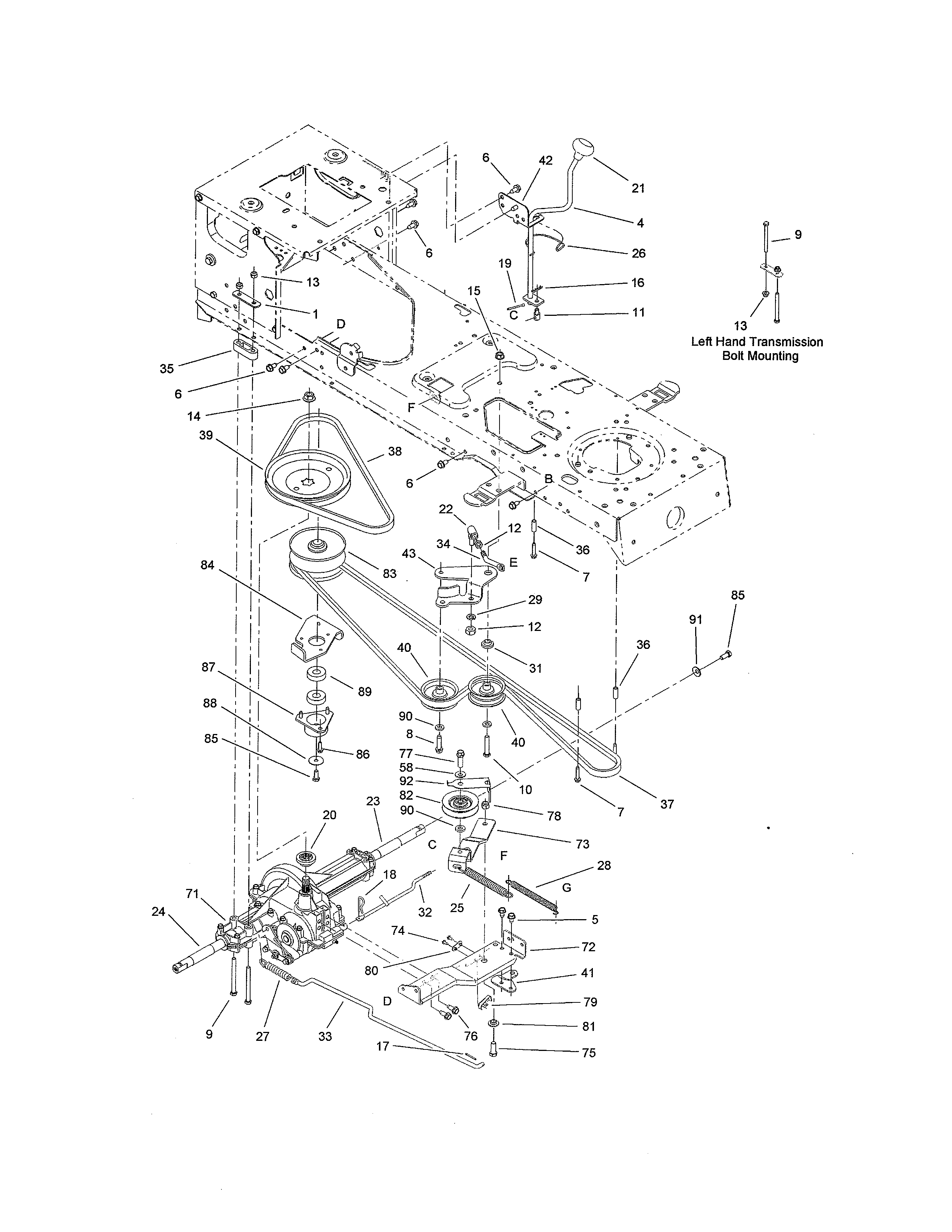 Toro 13AX60RG744 (1L215B10000 AND UP) transmission/belt/pulley diagram