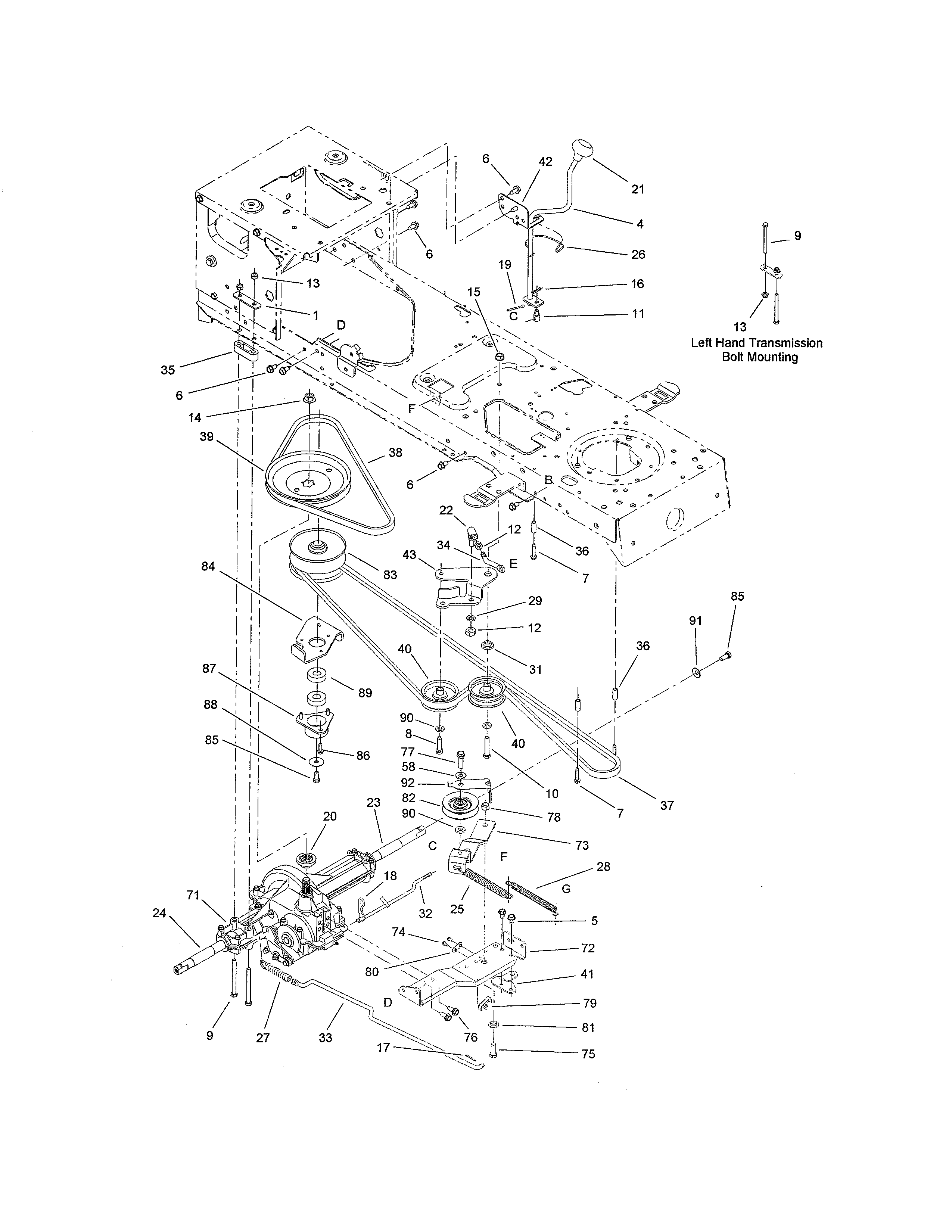 Toro 13AX60RH744 (1A056B50000 AND UP) transmission/belt/pulley diagram