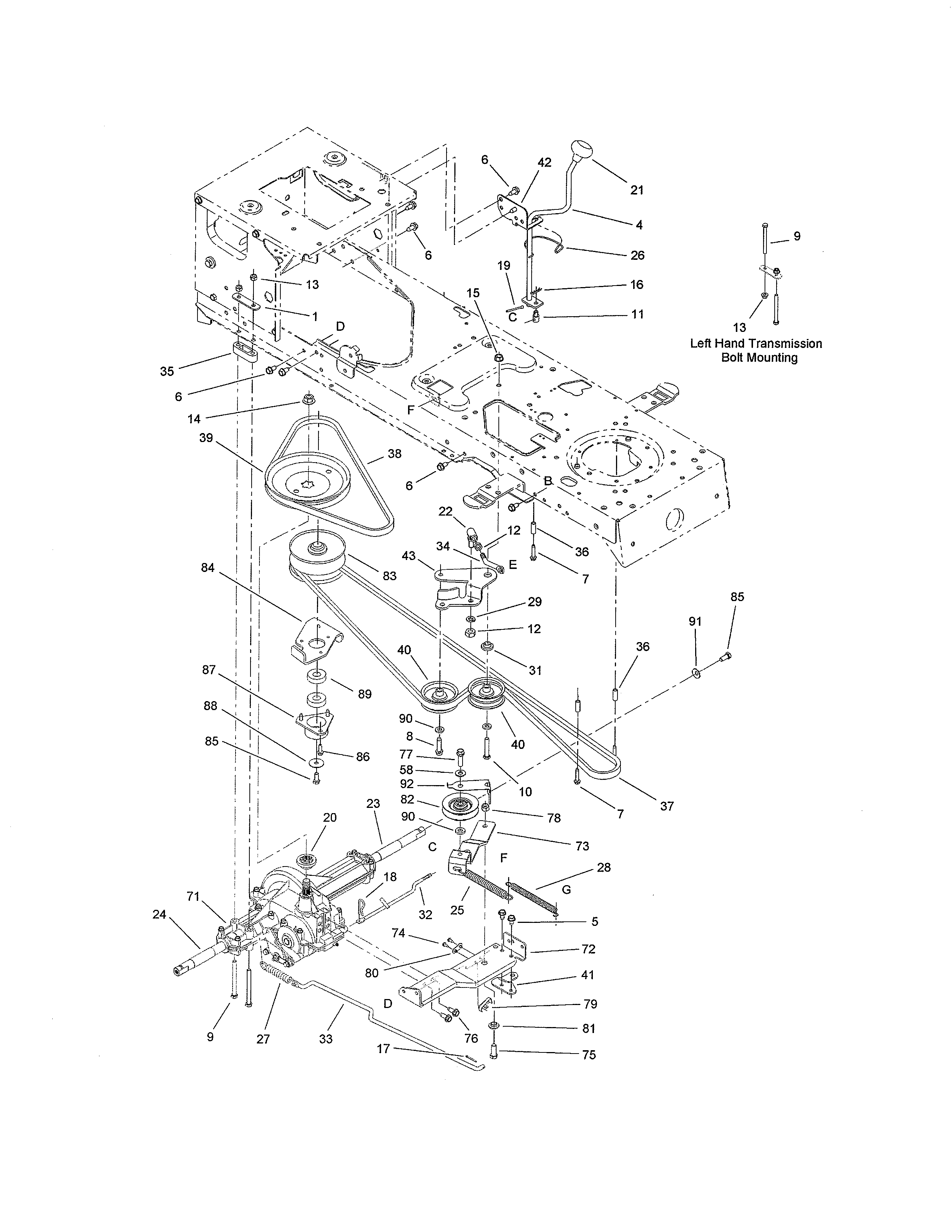 Toro 13AP60RP744 (1A096B50000 AND UP) transmission/belt/pulley diagram