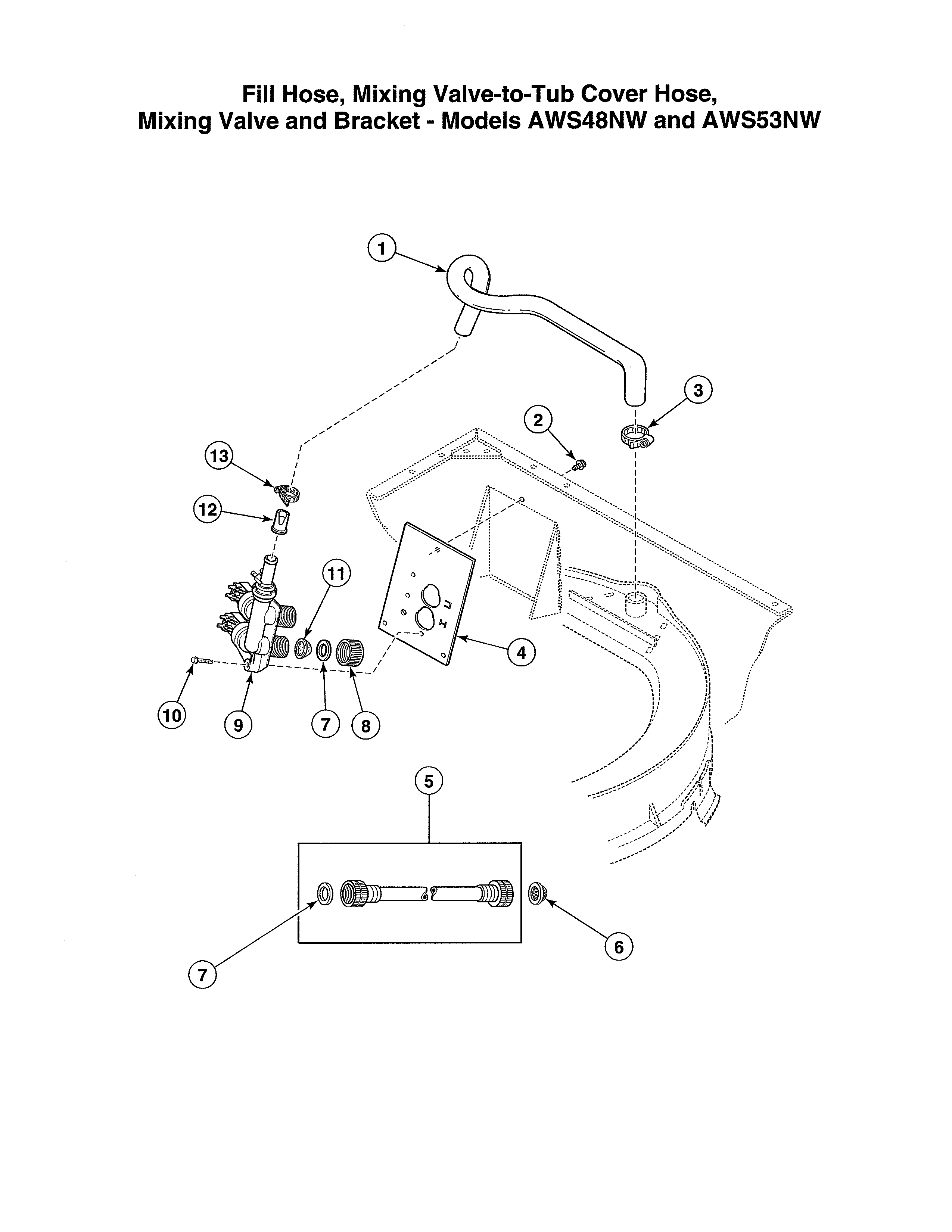 Alliance AWS01NW fill hose/valve-to-tub cover hose diagram