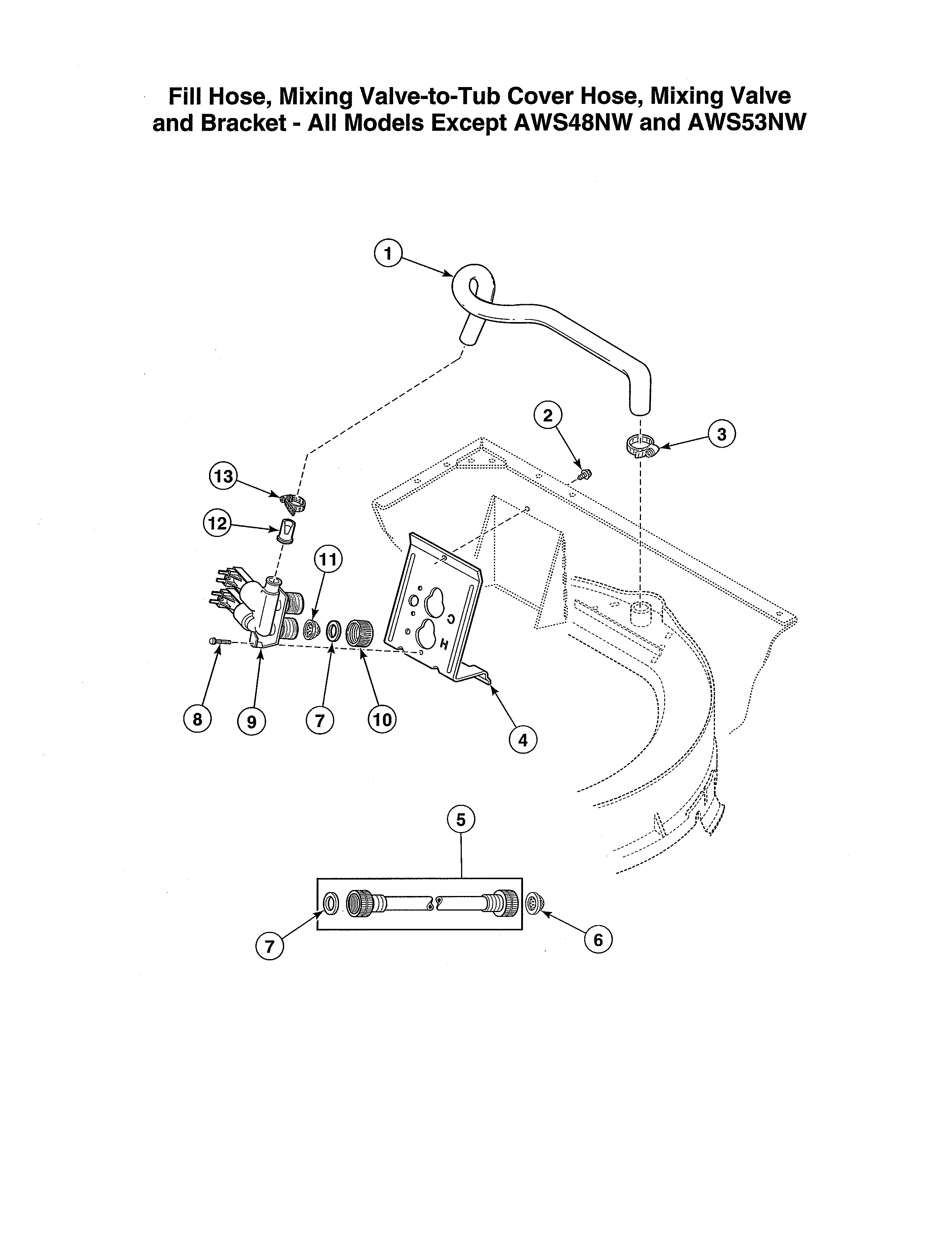 Alliance AWS01NW fill hose/valve-to-tub cover hose diagram