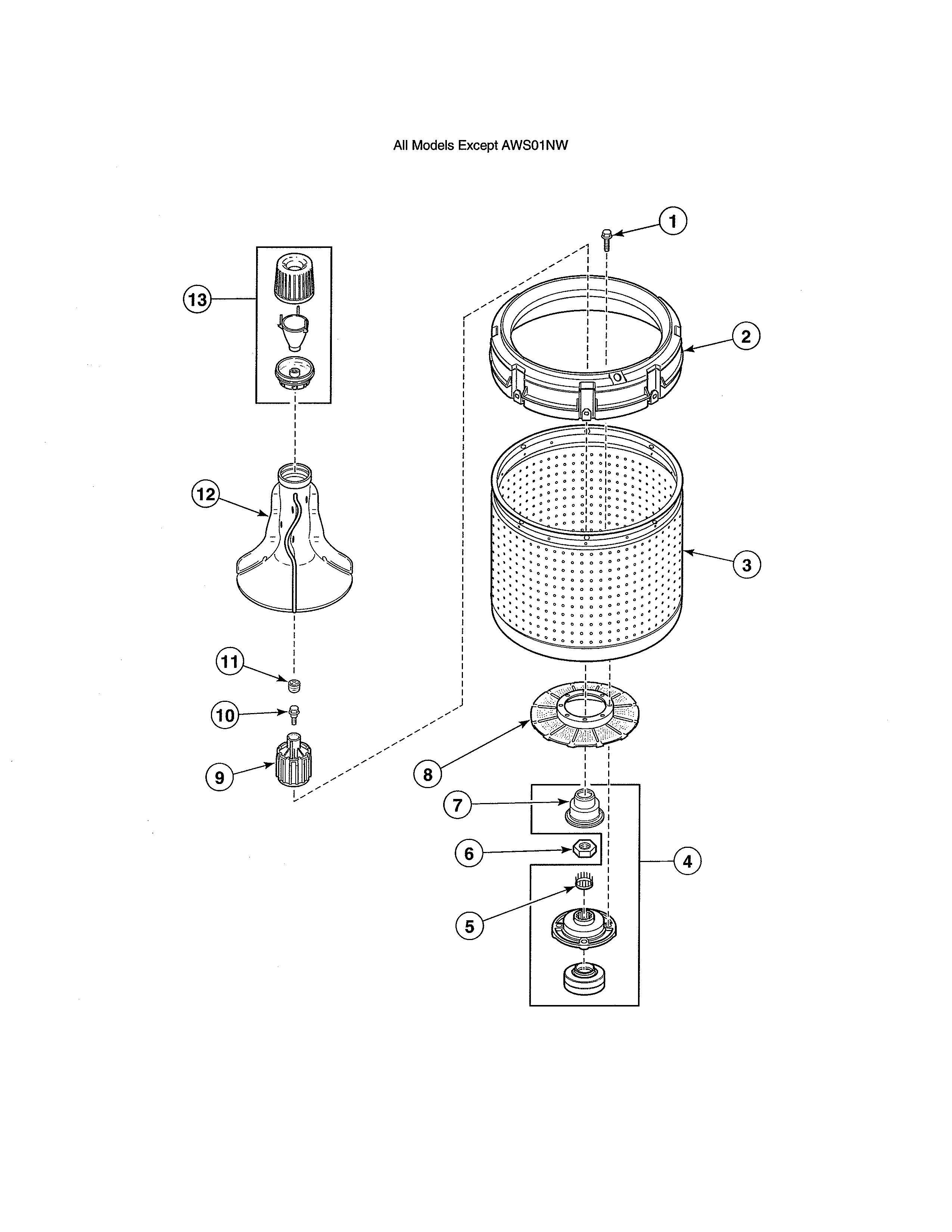 Alliance AWS01NW agitator/drive bell/washtub diagram