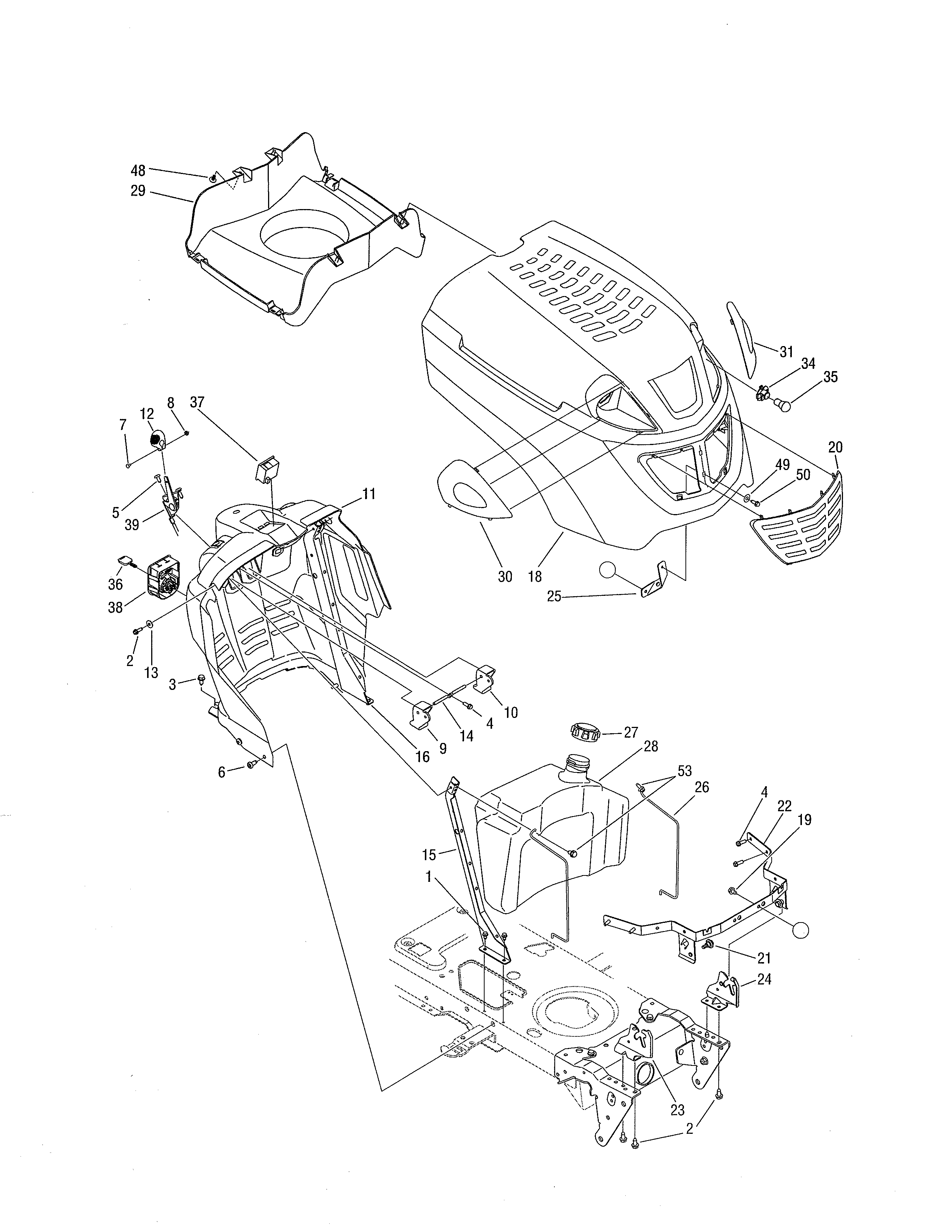 Toro 13BX60RG744 fuel tank/hood diagram