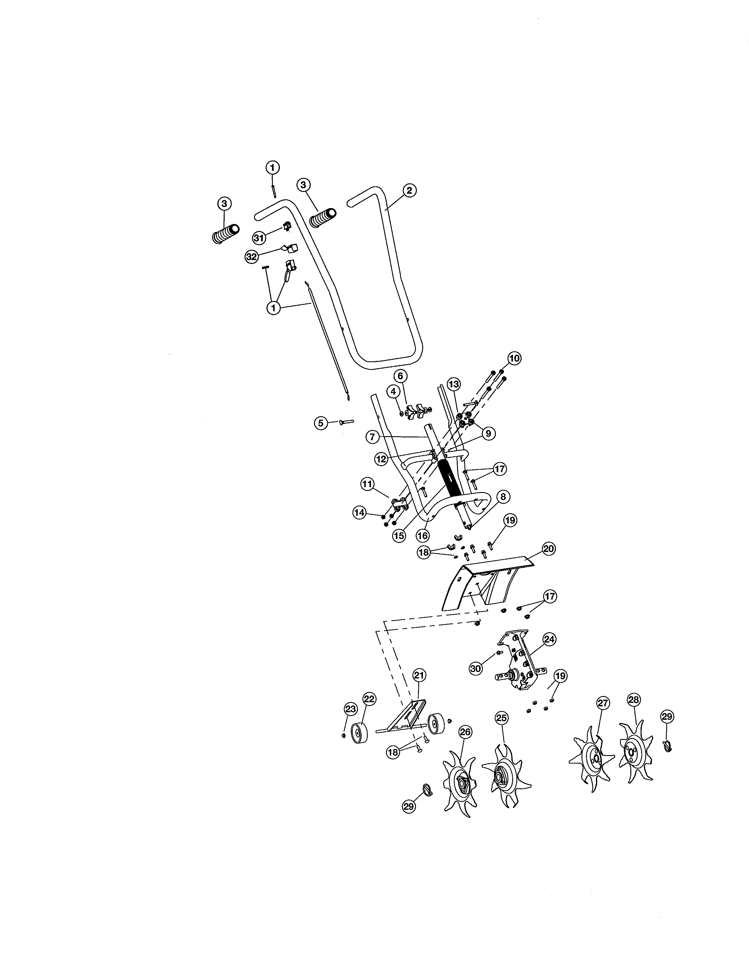 MTD 21ES122R799 handle bar/tines/gearbox diagram