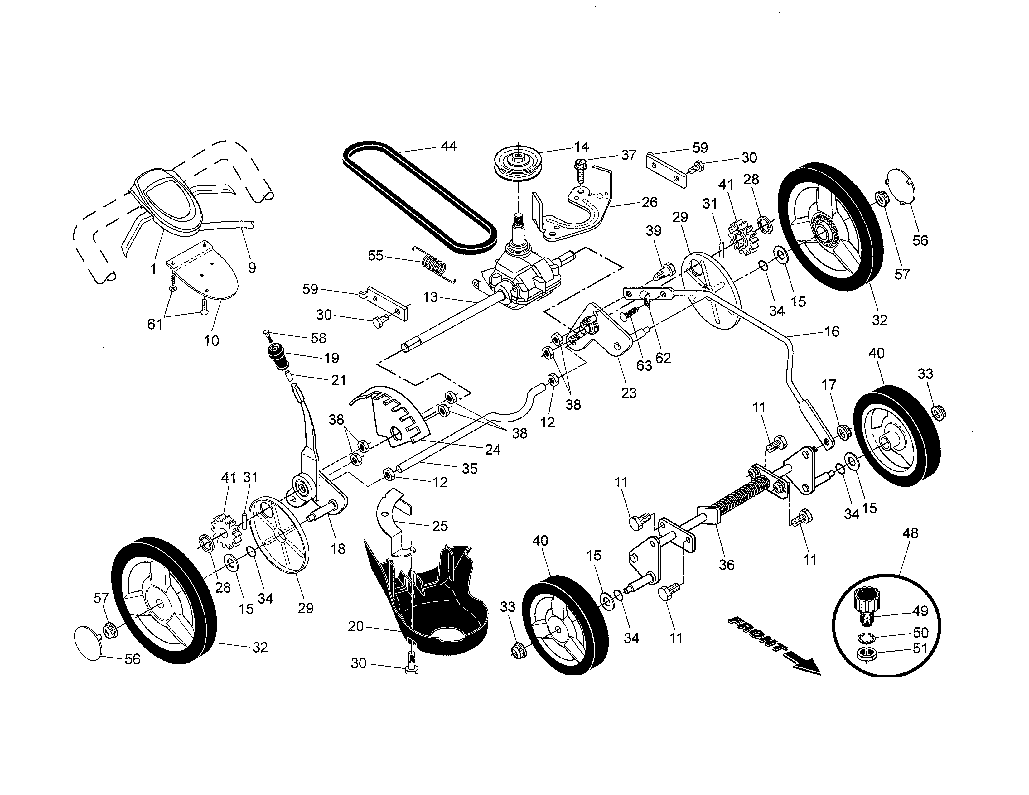 Husqvarna 917379150 drive control/gear case/wheels diagram