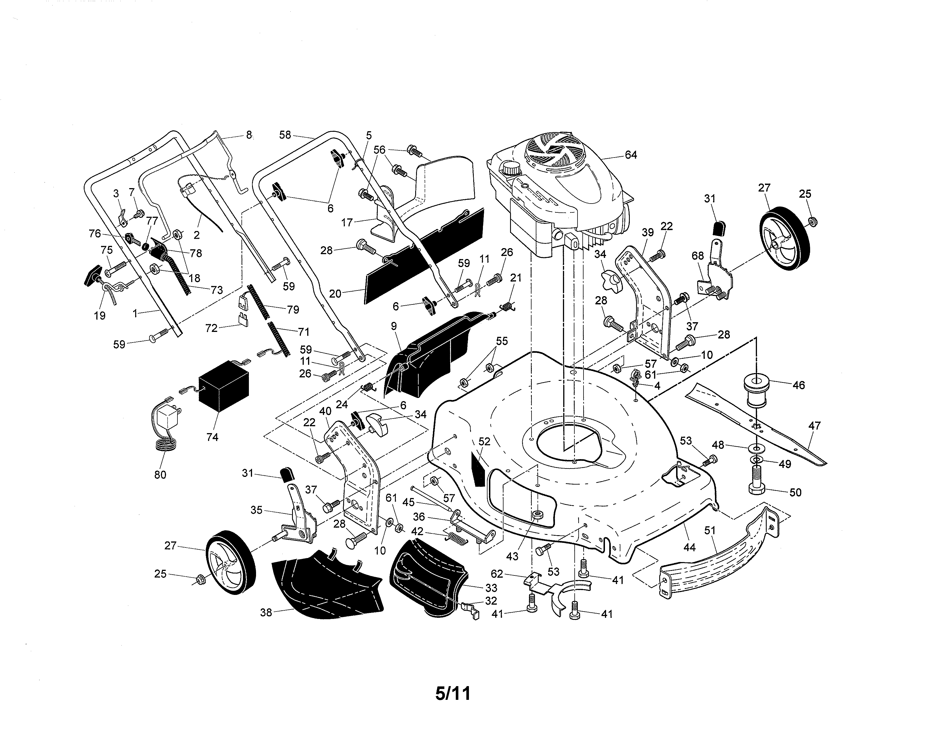 Craftsman 917374030 engine/housing/handle diagram
