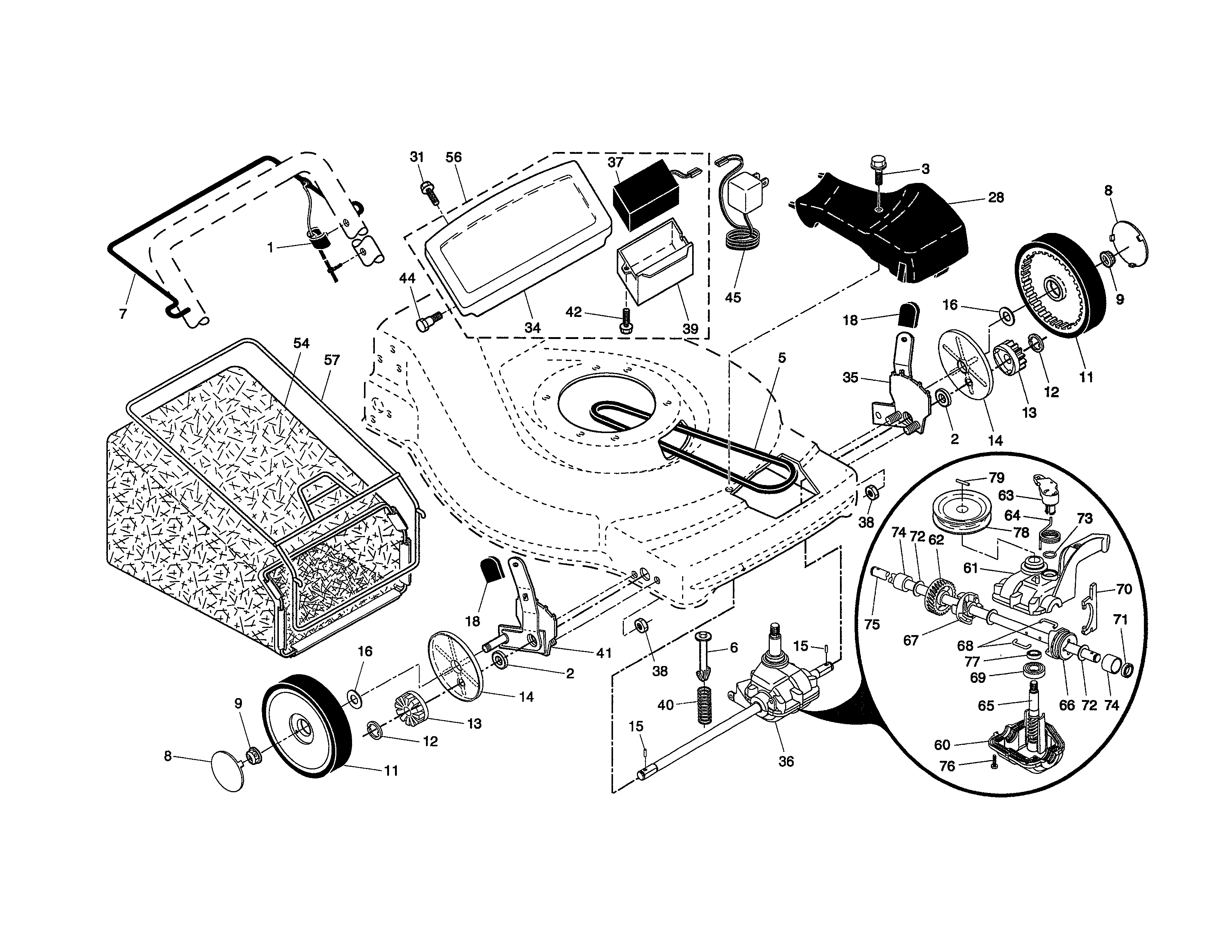 Poulan 96142004301 drive control/gear case/wheels diagram