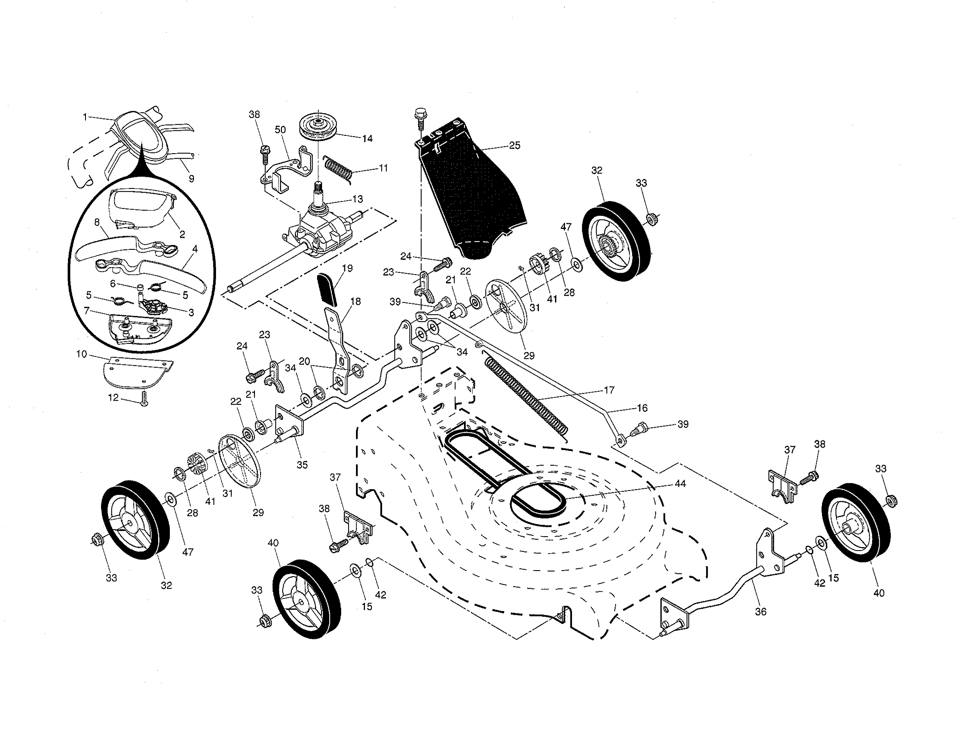 Husqvarna 96143006700 drive control/gear case/wheels diagram