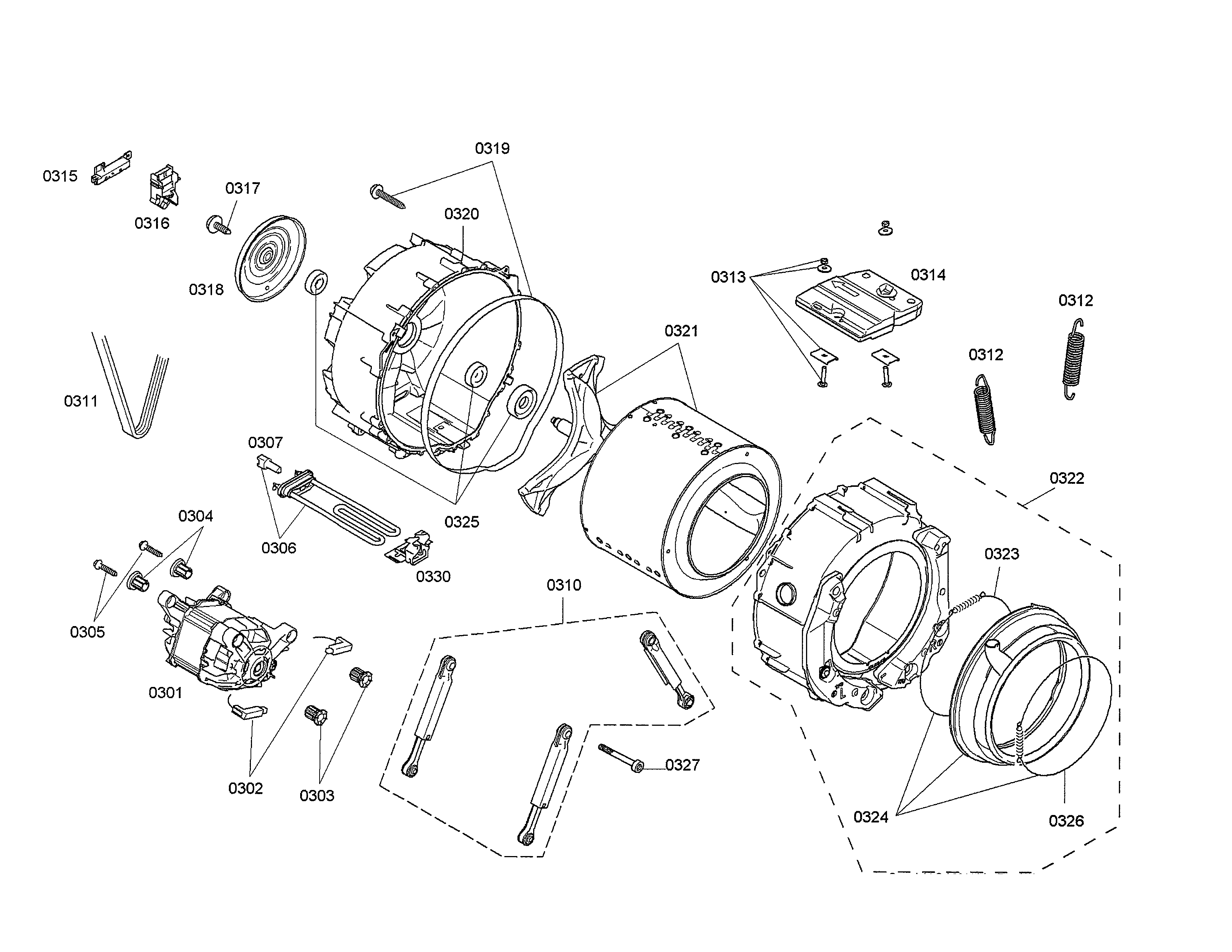 Bosch WAS20160UC/20 drum/tub/motor diagram