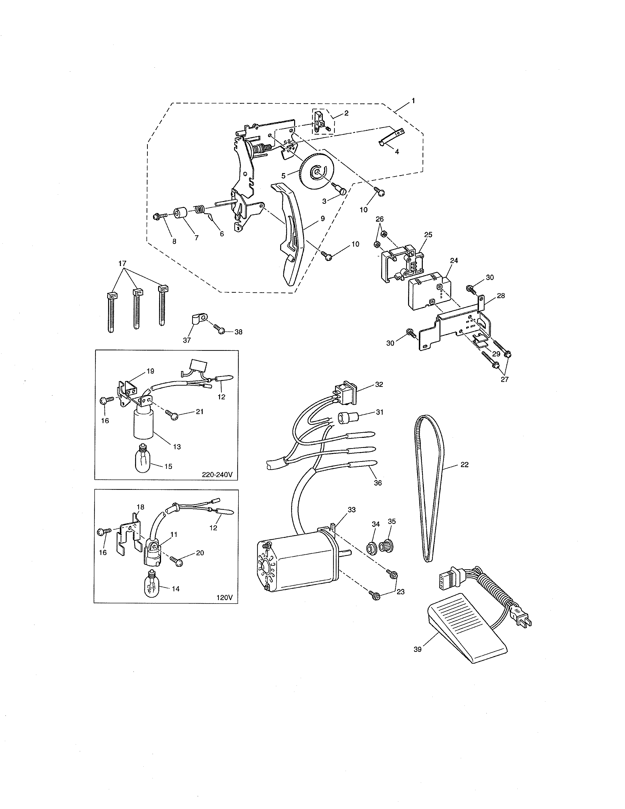Singer XL6050 upper tension lamp/motor unit diagram