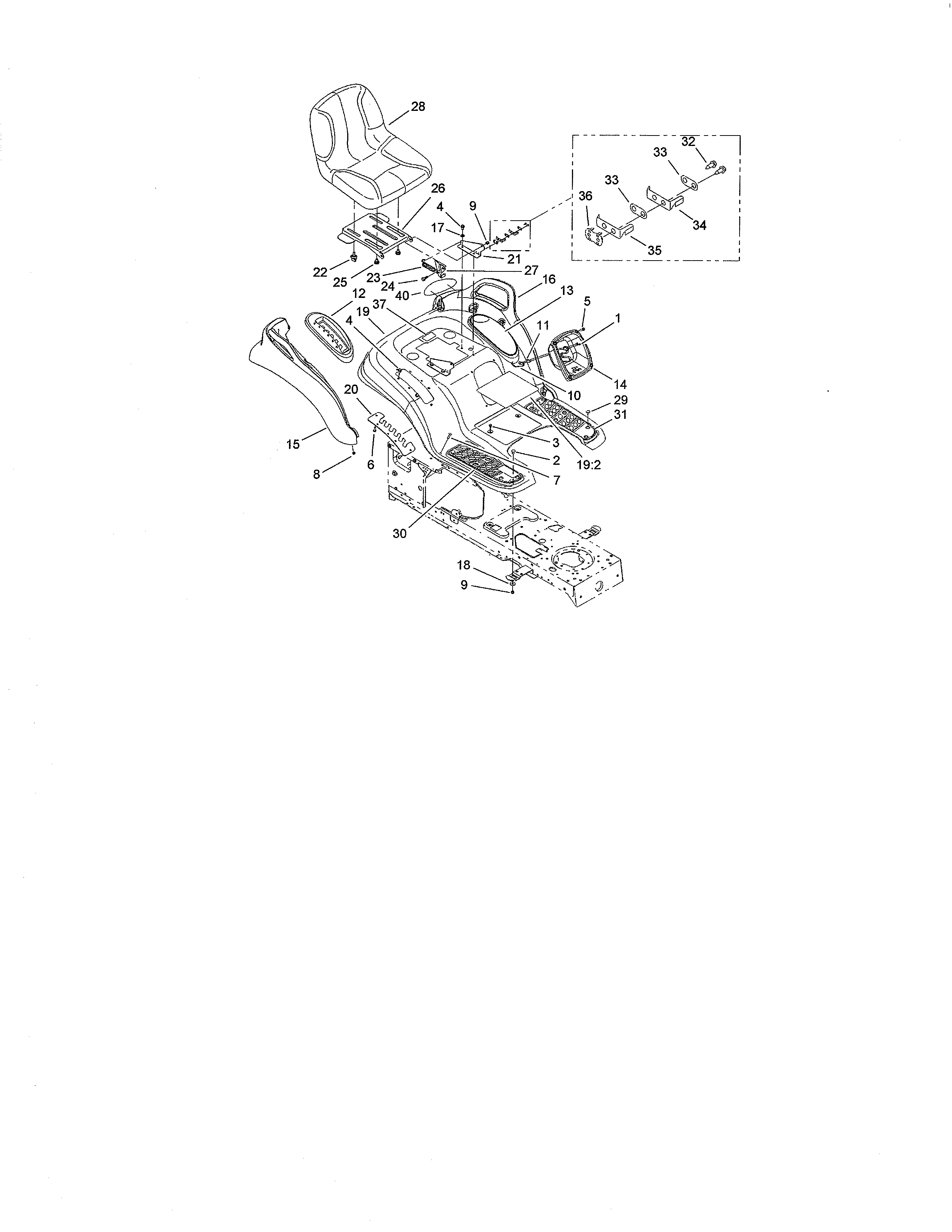 Toro 14AP80RP744 (1A136H30000 AND UP) seat & fender assembly diagram