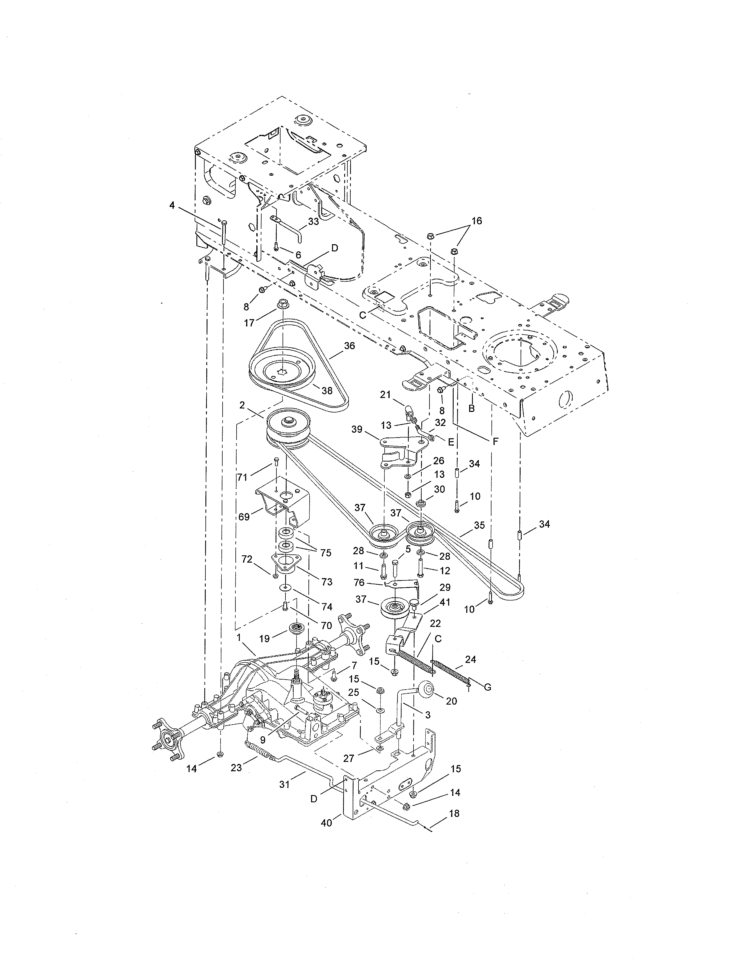 Toro 14AP80RP744 (1A136H30000 AND UP) transmission/belt/pulley diagram