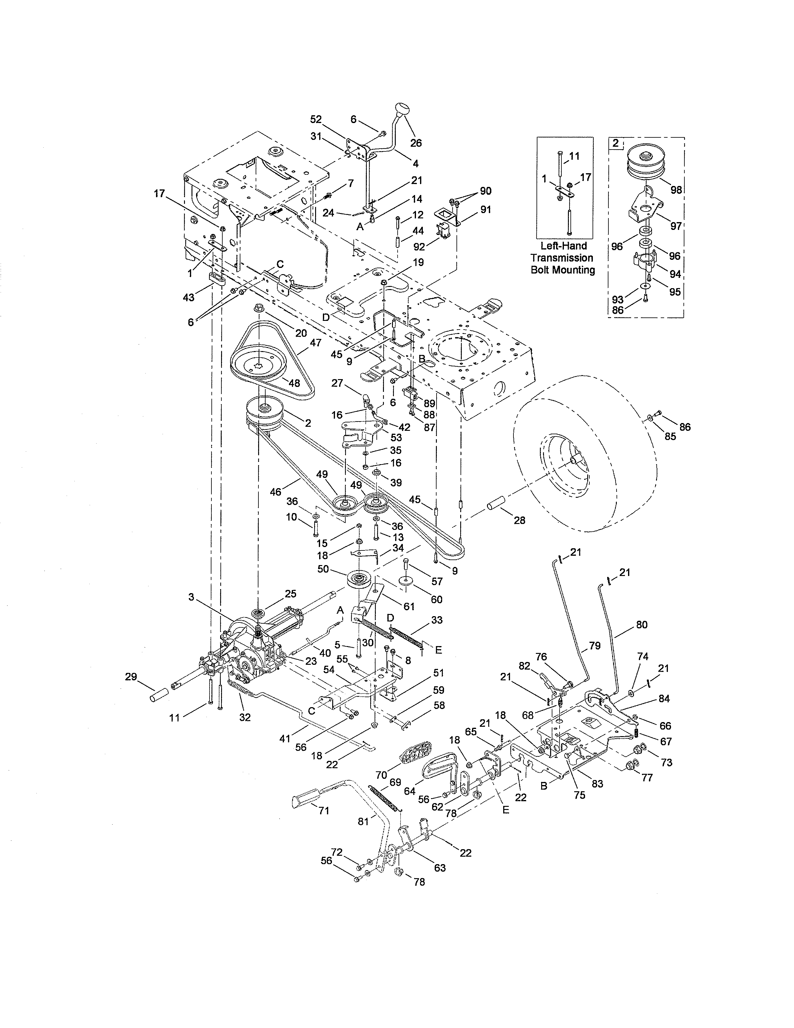 Toro 13AL60RG044 (1L107H10100 AND UP) transmission/brake/traction pedal diagram